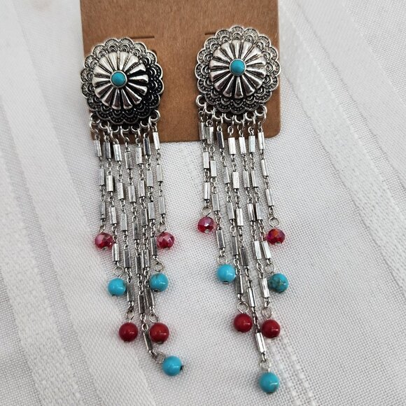 ICON Turquoise & Silver Concho Fringe Chandelier Earrings NWT - Picture 2 of 5